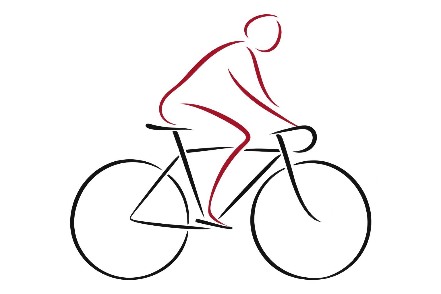 A spare line drawing of a man riding a bicycle.