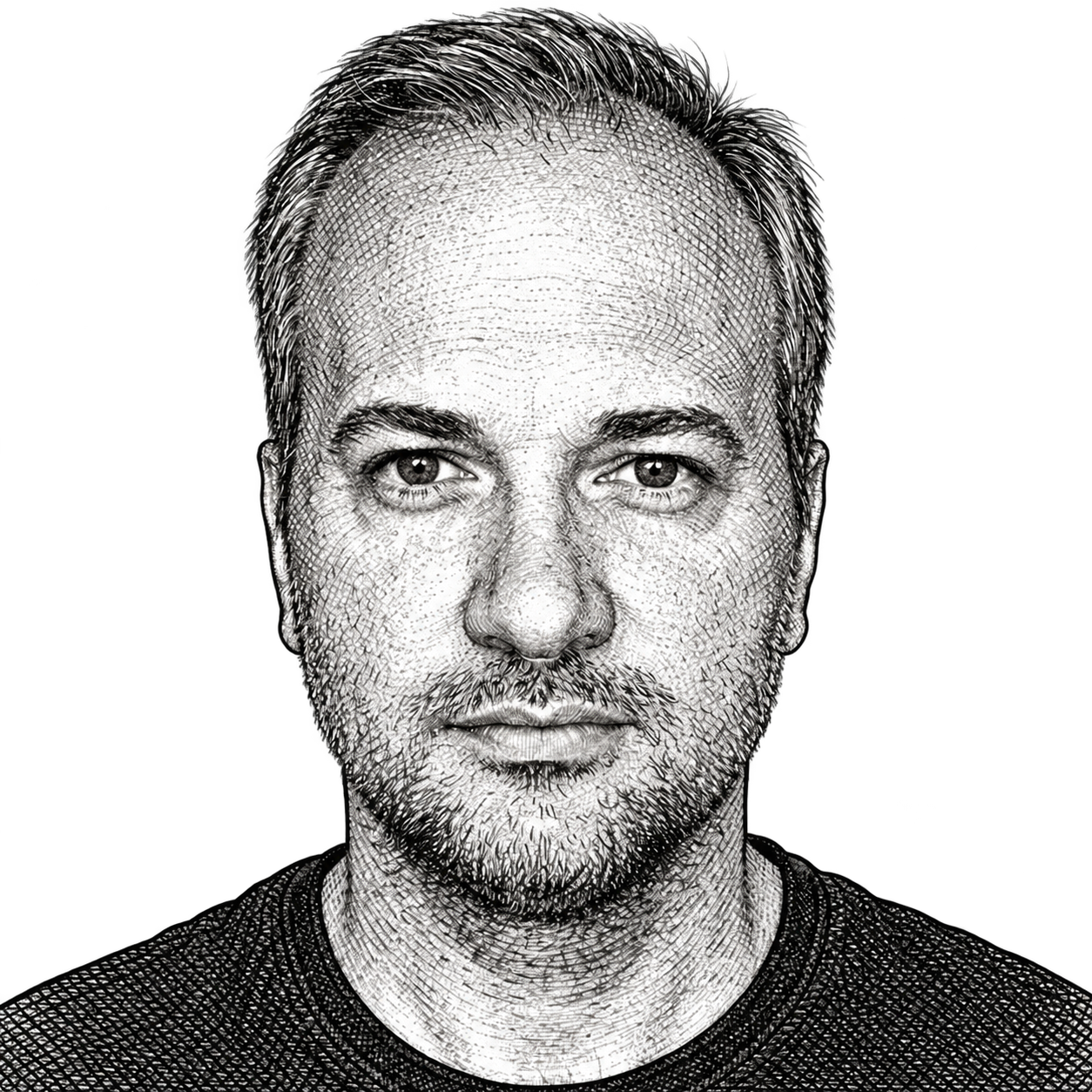Black-and-white illustrated portrait of Marcos Siqueira.