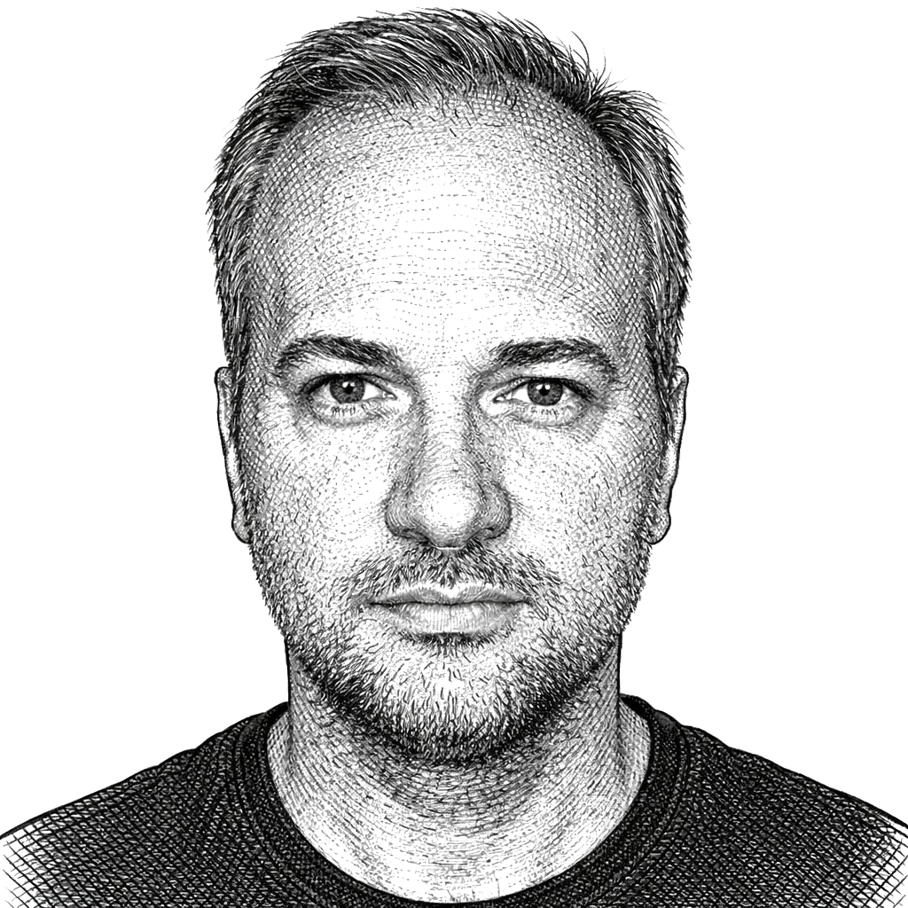 Black-and-white illustrated portrait of Marcos Siqueira.